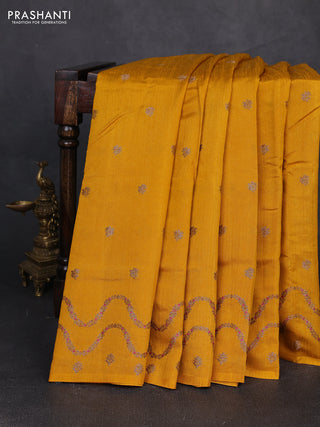 Banarasi semi matka silk saree mustard yellow with allover thread & zari woven buttas and woven border