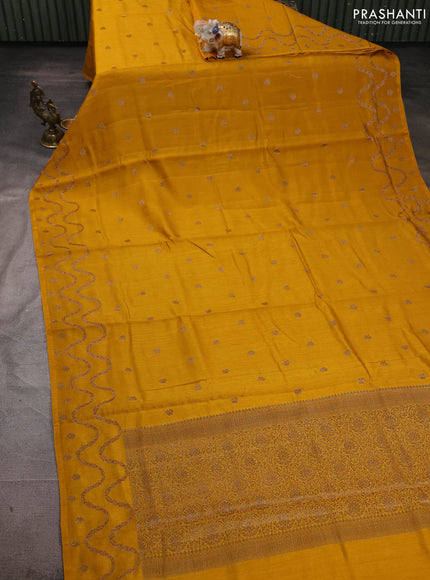 Banarasi semi matka silk saree mustard yellow with allover thread & zari woven buttas and woven border