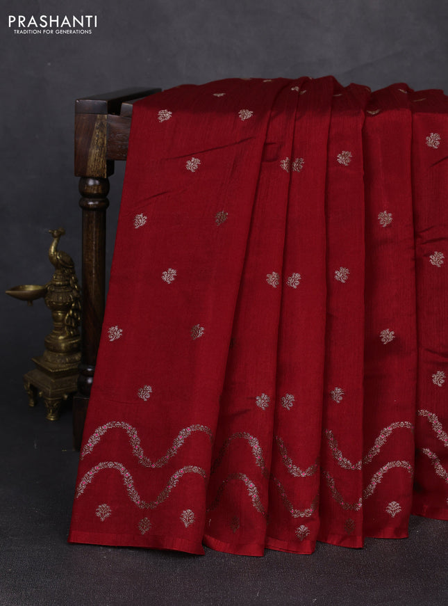 Banarasi semi matka silk saree kumkum red with allover thread & zari woven buttas and woven border