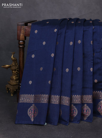 Banarasi semi matka silk saree peacock blue with allover thread & zari woven buttas and woven border
