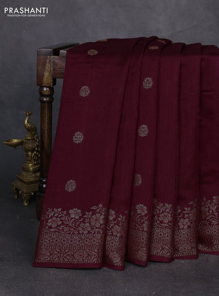 Banarasi semi matka silk saree wine shade with allover thread & zari woven buttas and woven border