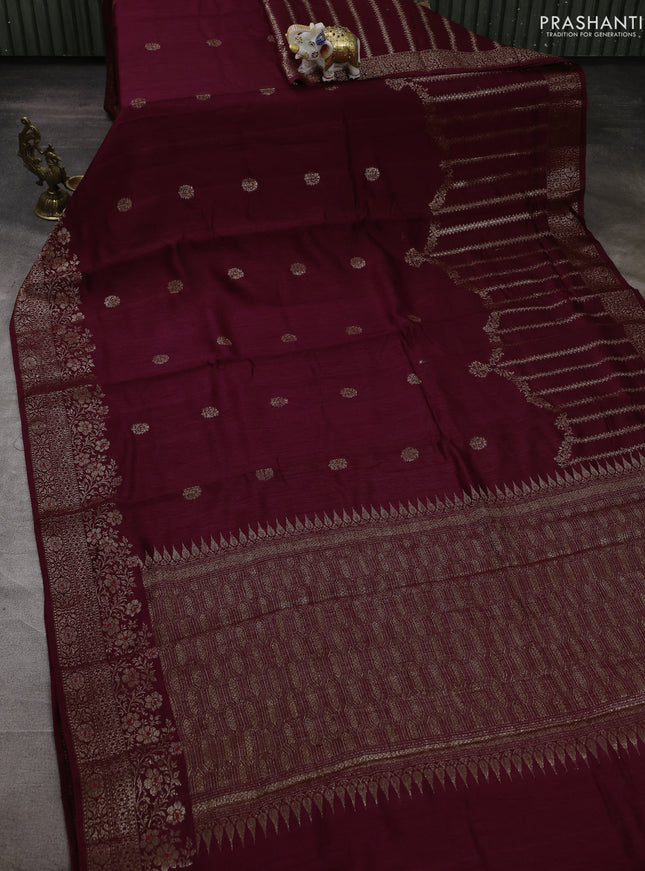 Banarasi semi matka silk saree wine shade with allover thread & zari woven buttas and woven border