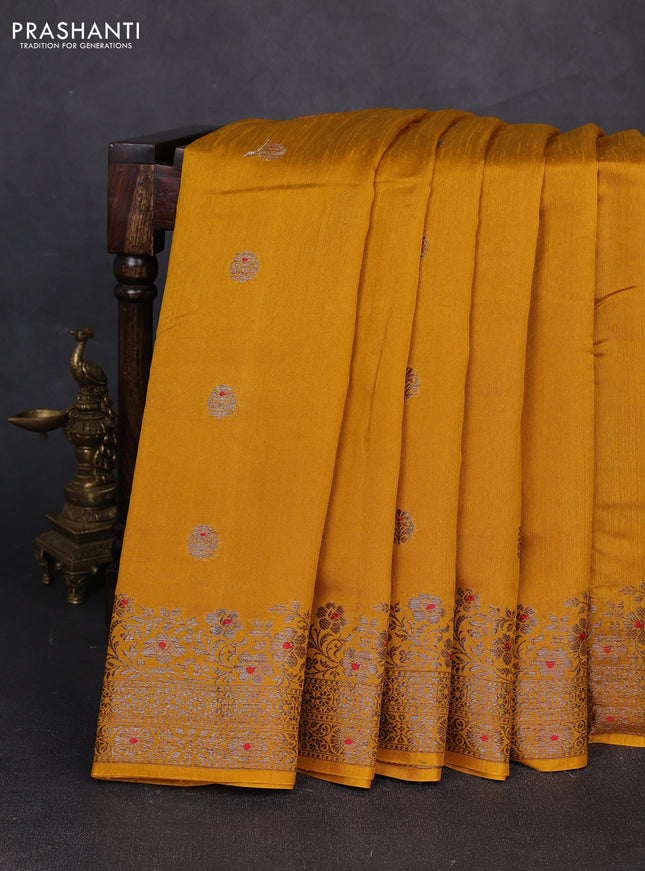 Banarasi semi matka silk saree mustard yellow with allover thread & zari woven buttas and woven border