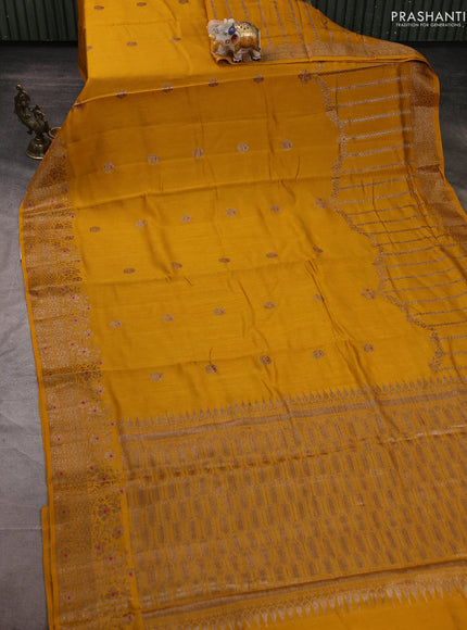 Banarasi semi matka silk saree mustard yellow with allover thread & zari woven buttas and woven border