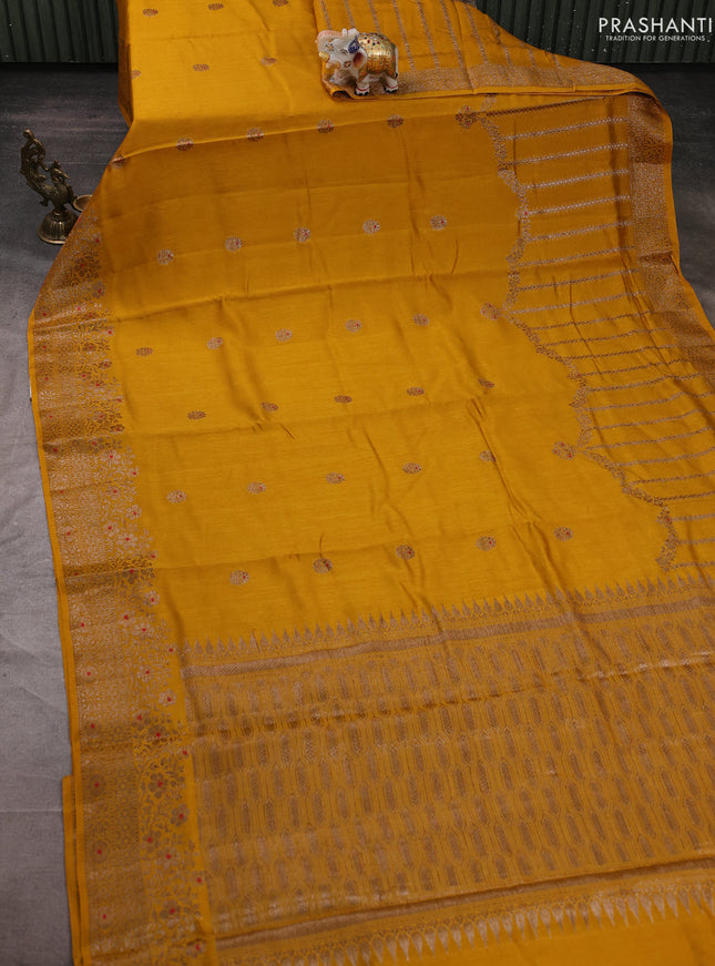 Banarasi semi matka silk saree mustard yellow with allover thread & zari woven buttas and woven border