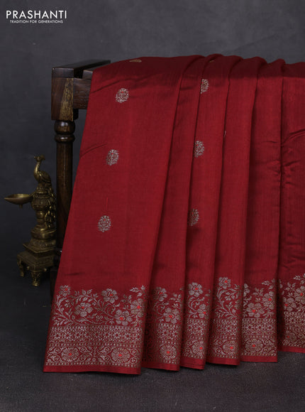 Banarasi semi matka silk saree kumkum red with allover thread & zari woven buttas and woven border