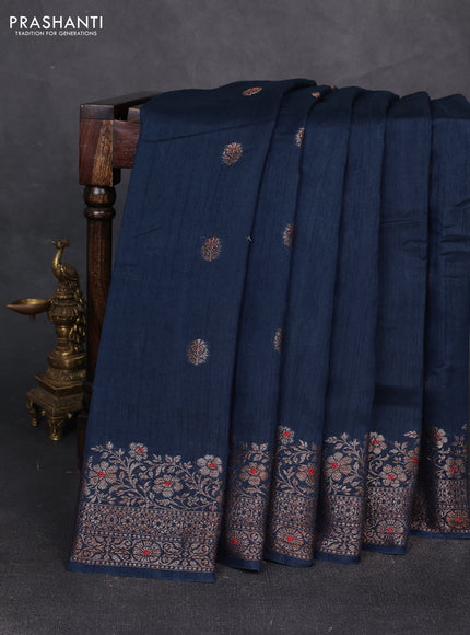 Banarasi semi matka silk saree peacock blue with allover thread & zari woven buttas and woven border