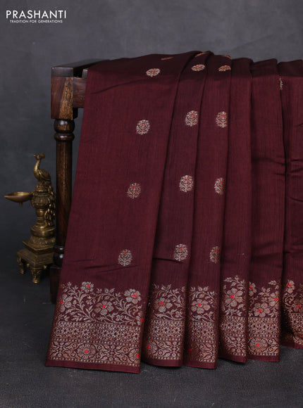 Banarasi semi matka silk saree coffee brown with allover thread & zari woven buttas and woven border