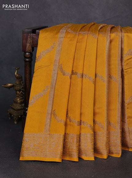 Banarasi semi matka silk saree mustard yellow with allover thread & zari weaves and woven border
