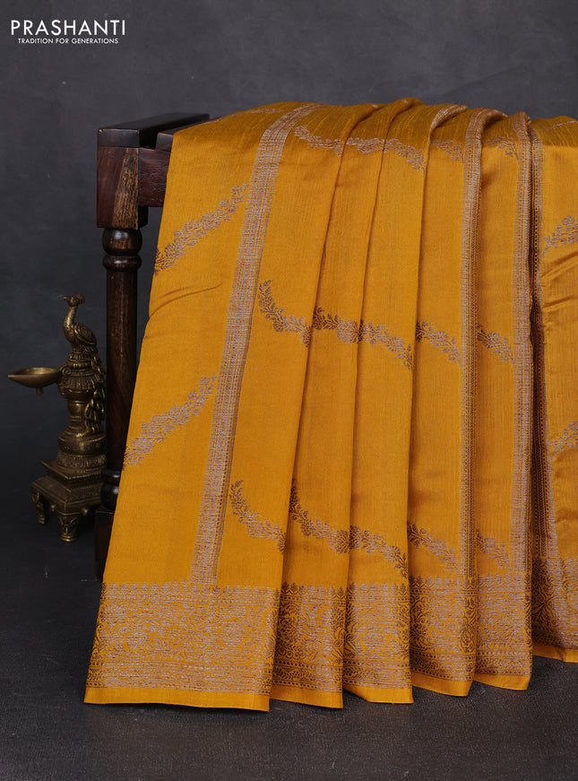 Banarasi semi matka silk saree mustard yellow with allover thread & zari weaves and woven border