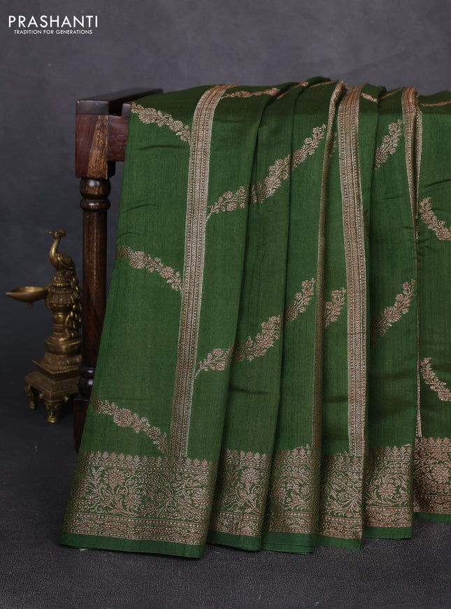 Banarasi semi matka silk saree green with allover thread & zari weaves and woven border