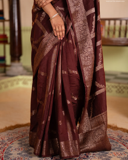 Banarasi semi matka silk saree wine shade with allover thread & zari weaves and woven border