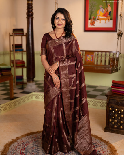 Banarasi semi matka silk saree wine shade with allover thread & zari weaves and woven border