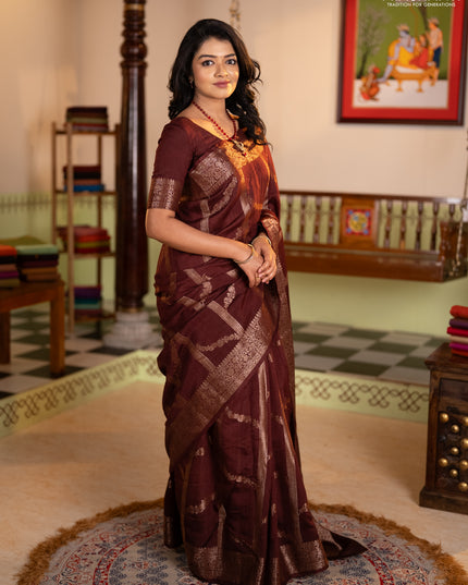 Banarasi semi matka silk saree wine shade with allover thread & zari weaves and woven border
