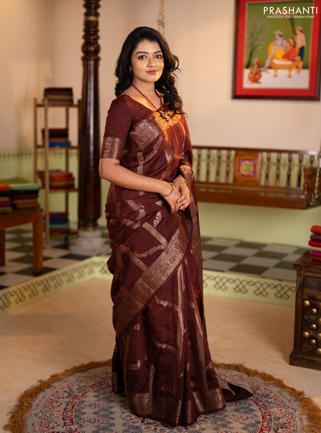Banarasi semi matka silk saree wine shade with allover thread & zari weaves and woven border