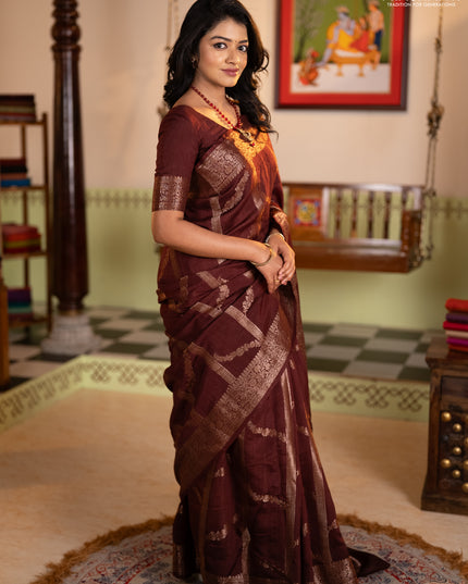 Banarasi semi matka silk saree wine shade with allover thread & zari weaves and woven border