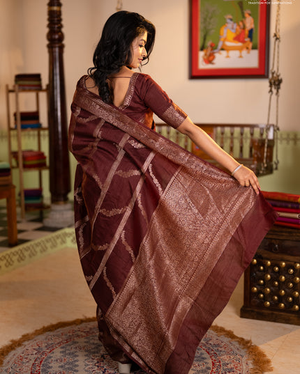 Banarasi semi matka silk saree wine shade with allover thread & zari weaves and woven border