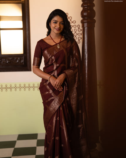 Banarasi semi matka silk saree wine shade with allover thread & zari weaves and woven border
