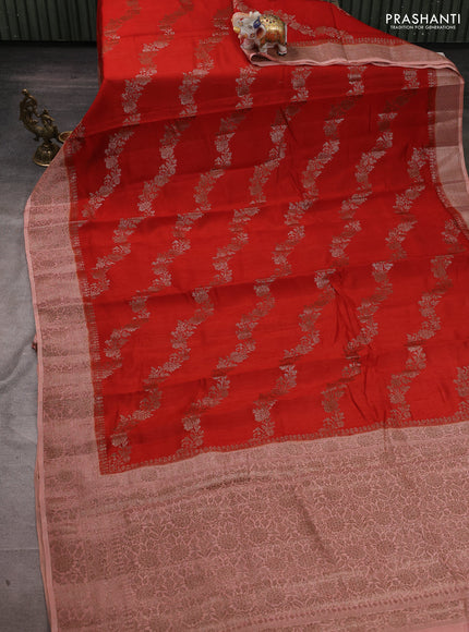 Banarasi semi matka silk saree rustic orange and mild peach with allover thread & zari weaves and woven border