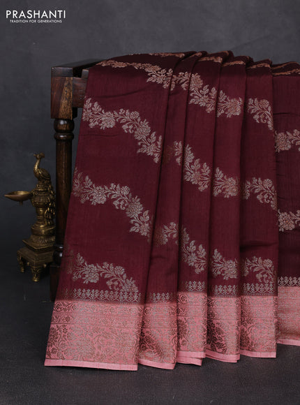 Banarasi semi matka silk saree coffee brown and mild peach pink with allover thread & zari weaves and woven border