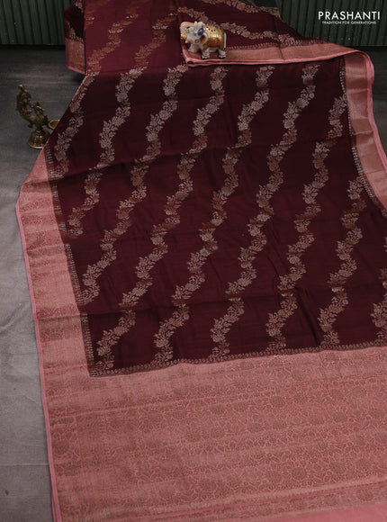 Banarasi semi matka silk saree coffee brown and mild peach pink with allover thread & zari weaves and woven border