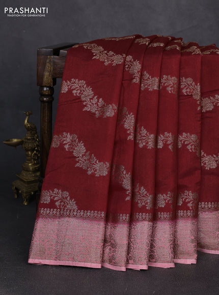 Banarasi semi matka silk saree maroon and mild peach pink with allover thread & zari weaves and woven border