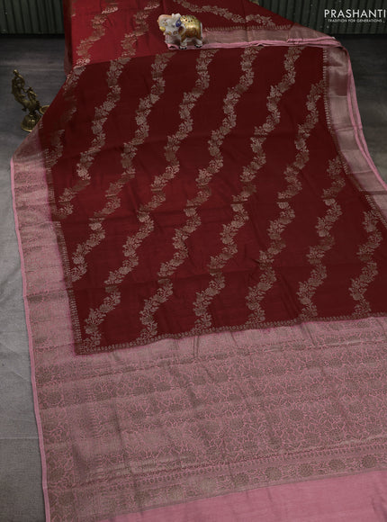 Banarasi semi matka silk saree maroon and mild peach pink with allover thread & zari weaves and woven border