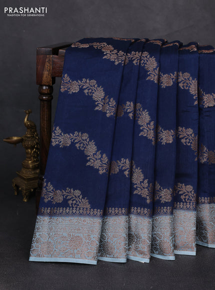 Banarasi semi matka silk saree peacock blue and pastel blue with allover thread & zari weaves and woven border