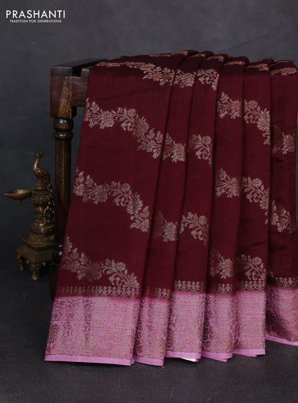 Banarasi semi matka silk saree deep maroon and mauve pink with allover thread & zari weaves and woven border
