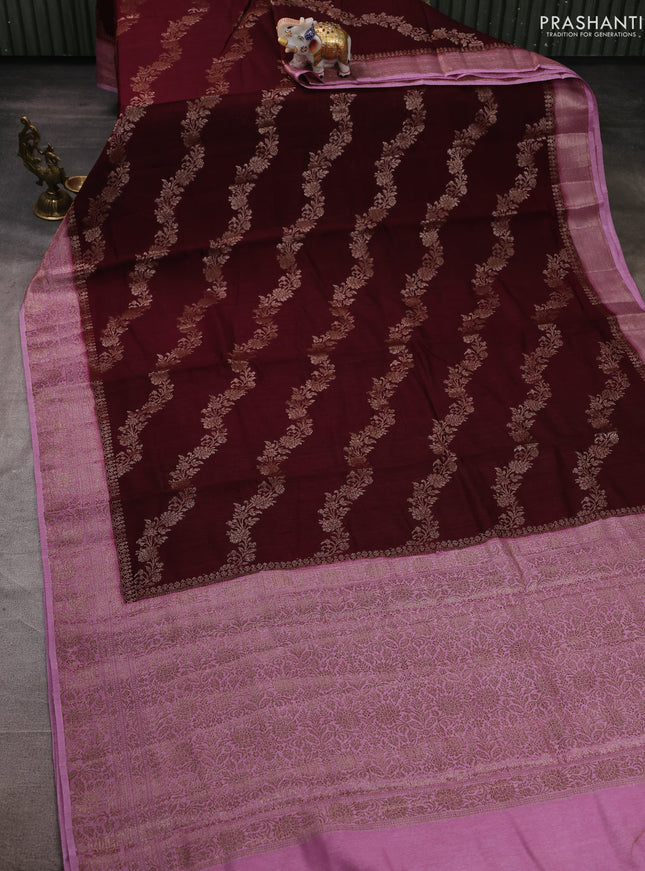 Banarasi semi matka silk saree deep maroon and mauve pink with allover thread & zari weaves and woven border