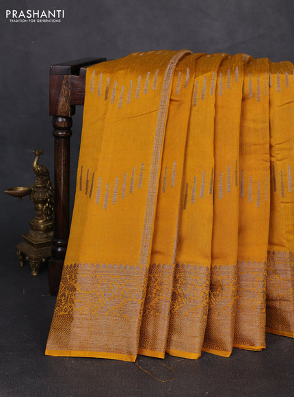 Banarasi semi matka silk saree mustard yellow with allover thread & zari weaves and woven border