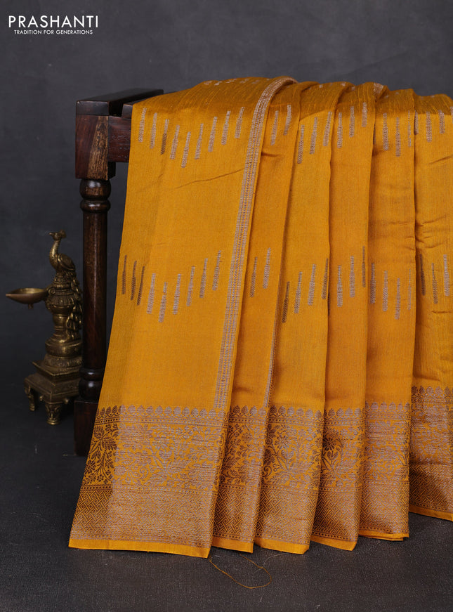 Banarasi semi matka silk saree mustard yellow with allover thread & zari weaves and woven border