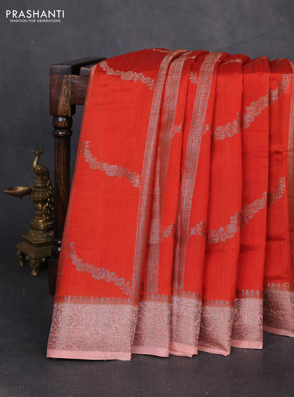 Banarasi semi matka silk saree rustic orange and pastel peach with allover thread & zari weaves and woven border