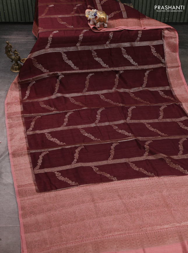 Banarasi semi matka silk saree coffee brown and peach shade with allover thread & zari weaves and woven border