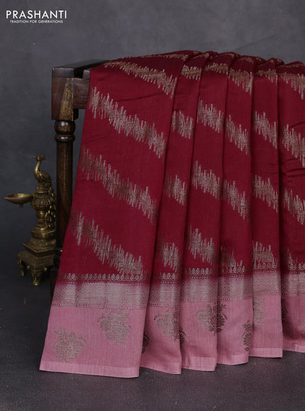 Banarasi semi matka silk saree kumkum red and mild peach pink with allover thread & zari zigzag weaves and woven butta border