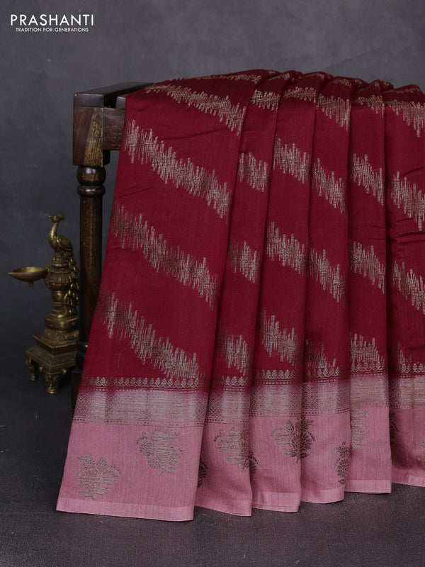 Banarasi semi matka silk saree kumkum red and mild peach pink with allover thread & zari zigzag weaves and woven butta border