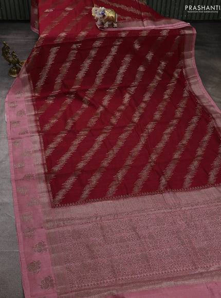 Banarasi semi matka silk saree kumkum red and mild peach pink with allover thread & zari zigzag weaves and woven butta border