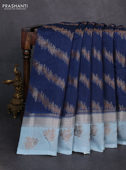 Banarasi semi matka silk saree peacock blue and pastel blue with allover thread & zari zigzag weaves and woven butta border