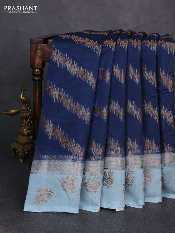 Banarasi semi matka silk saree peacock blue and pastel blue with allover thread & zari zigzag weaves and woven butta border
