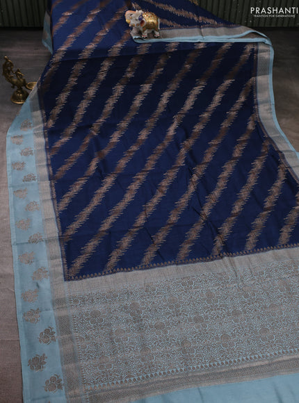 Banarasi semi matka silk saree peacock blue and pastel blue with allover thread & zari zigzag weaves and woven butta border