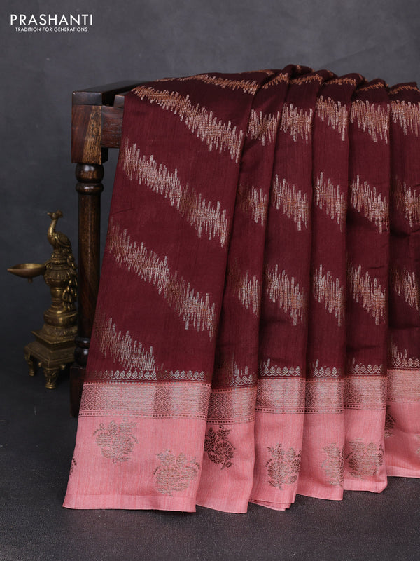 Banarasi semi matka silk saree coffee brown and peach shade with allover thread & zari zigzag weaves and woven butta border