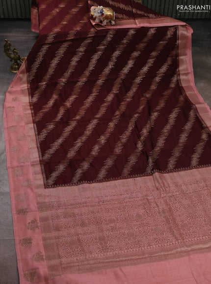 Banarasi semi matka silk saree coffee brown and peach shade with allover thread & zari zigzag weaves and woven butta border
