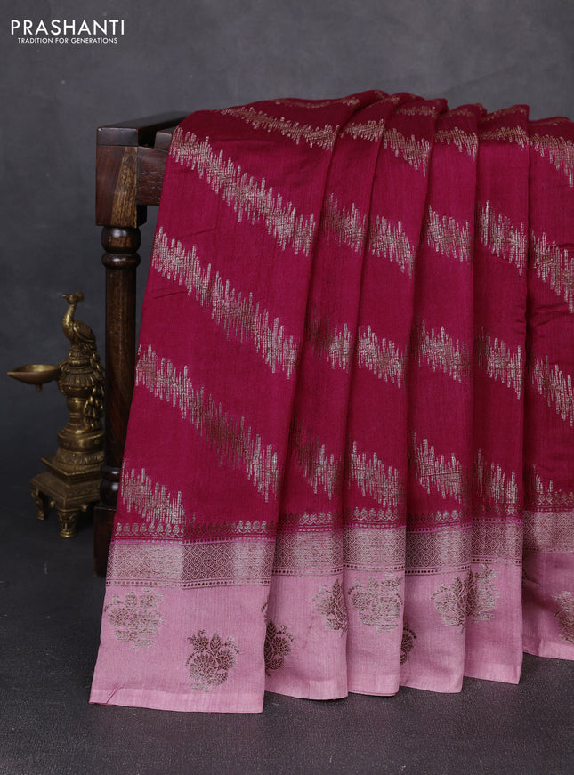 Banarasi semi matka silk saree dark pink and light pink with allover thread & zari zigzag weaves and woven butta border
