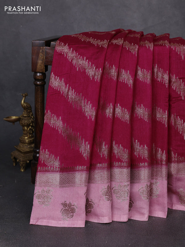 Banarasi semi matka silk saree dark pink and light pink with allover thread & zari zigzag weaves and woven butta border