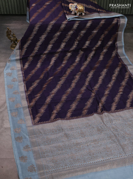 Banarasi semi matka silk saree navy blue and pastel blue with allover thread & zari zigzag weaves and woven butta border