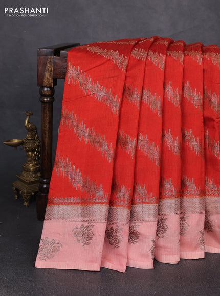 Banarasi semi matka silk saree rustic orange and peach shade with allover thread & zari zigzag weaves and woven butta border