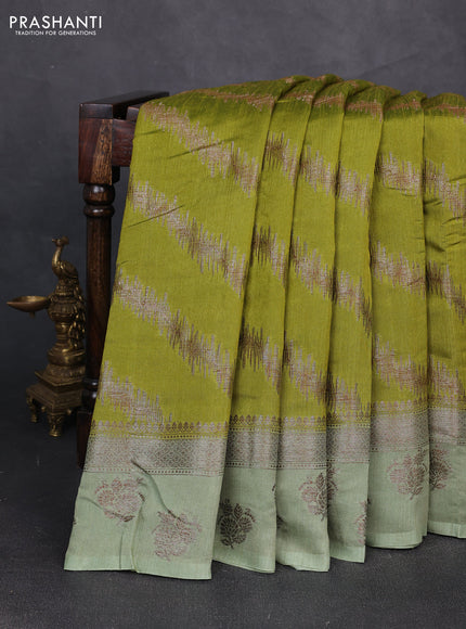 Banarasi semi matka silk saree mehendi green and pastel green with allover thread & zari zigzag weaves and woven butta border