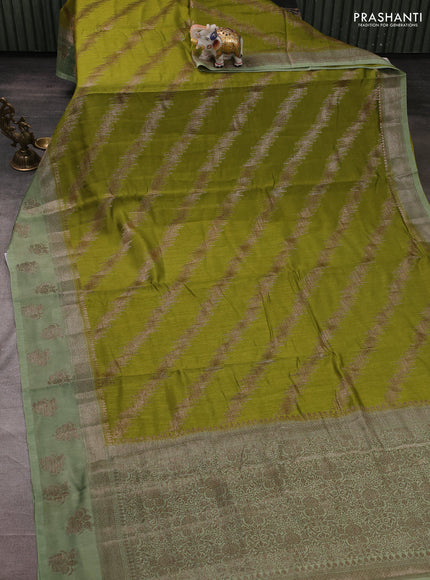 Banarasi semi matka silk saree mehendi green and pastel green with allover thread & zari zigzag weaves and woven butta border