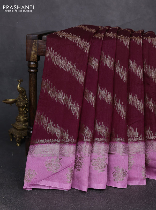 Banarasi semi matka silk saree deep maroon and mauve pink with allover thread & zari zigzag weaves and woven butta border