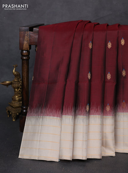 Pure soft silk saree deep maroon and grey with allover zari woven buttas and zari woven border